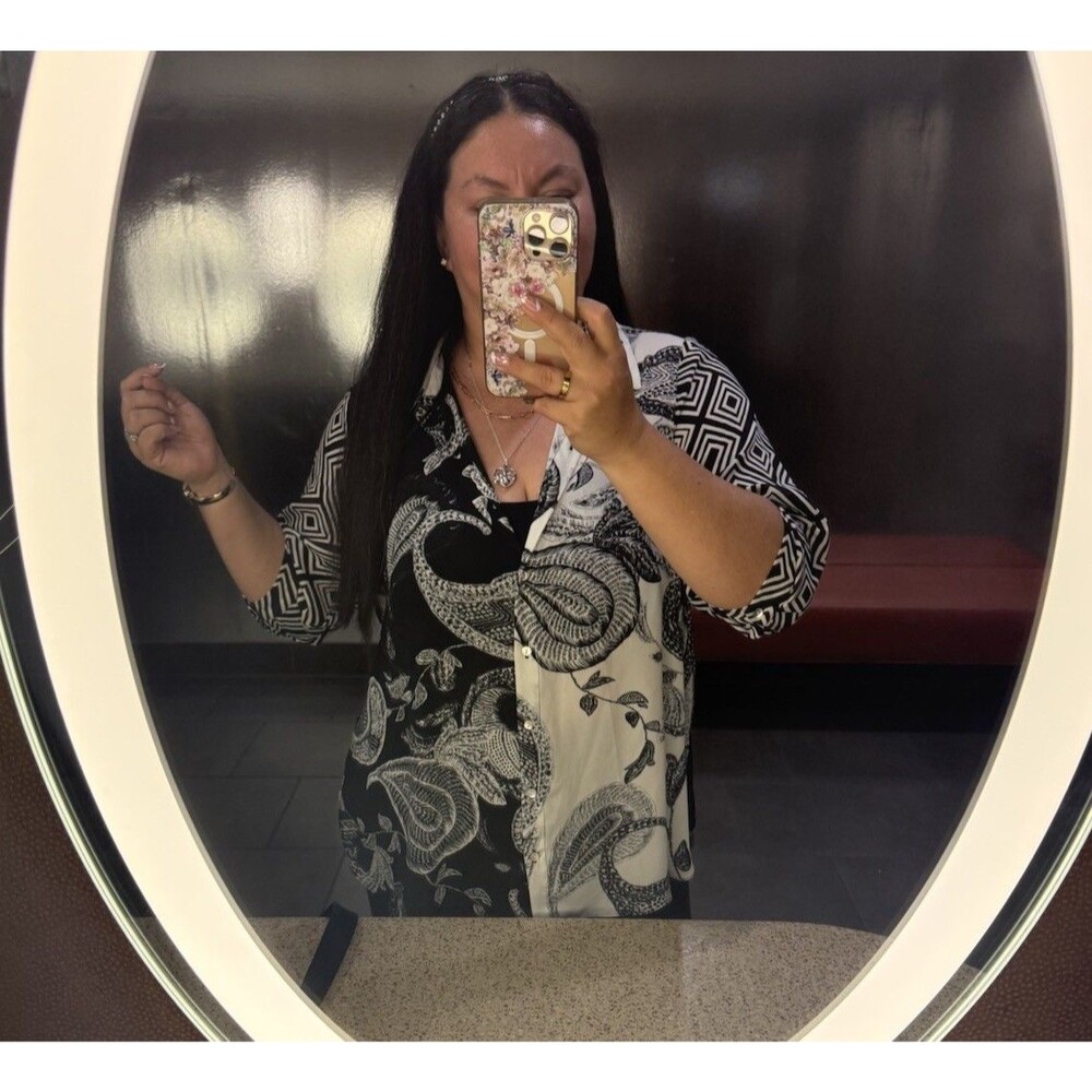 Rose + Olive Blouse Women Plus 1X Geometric Art to Wear Flowy 3/4 Sleeve Top